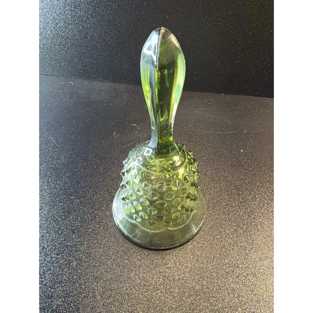 Vintage Fenton Green Hobnail‎ Glass Bell Embossed Logo Art Glass Collectible USA